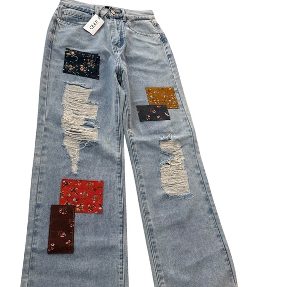 CIDER BNWT Distressed Patchwork Jeans Floral Ripped Boho Cottagecore Hippie Y2K - Picture 4 of 7